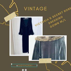 VICTORIA'S SECRET Vintage Black Velvet Dressing Gown Robe  W Faux Fur Collar M/L
